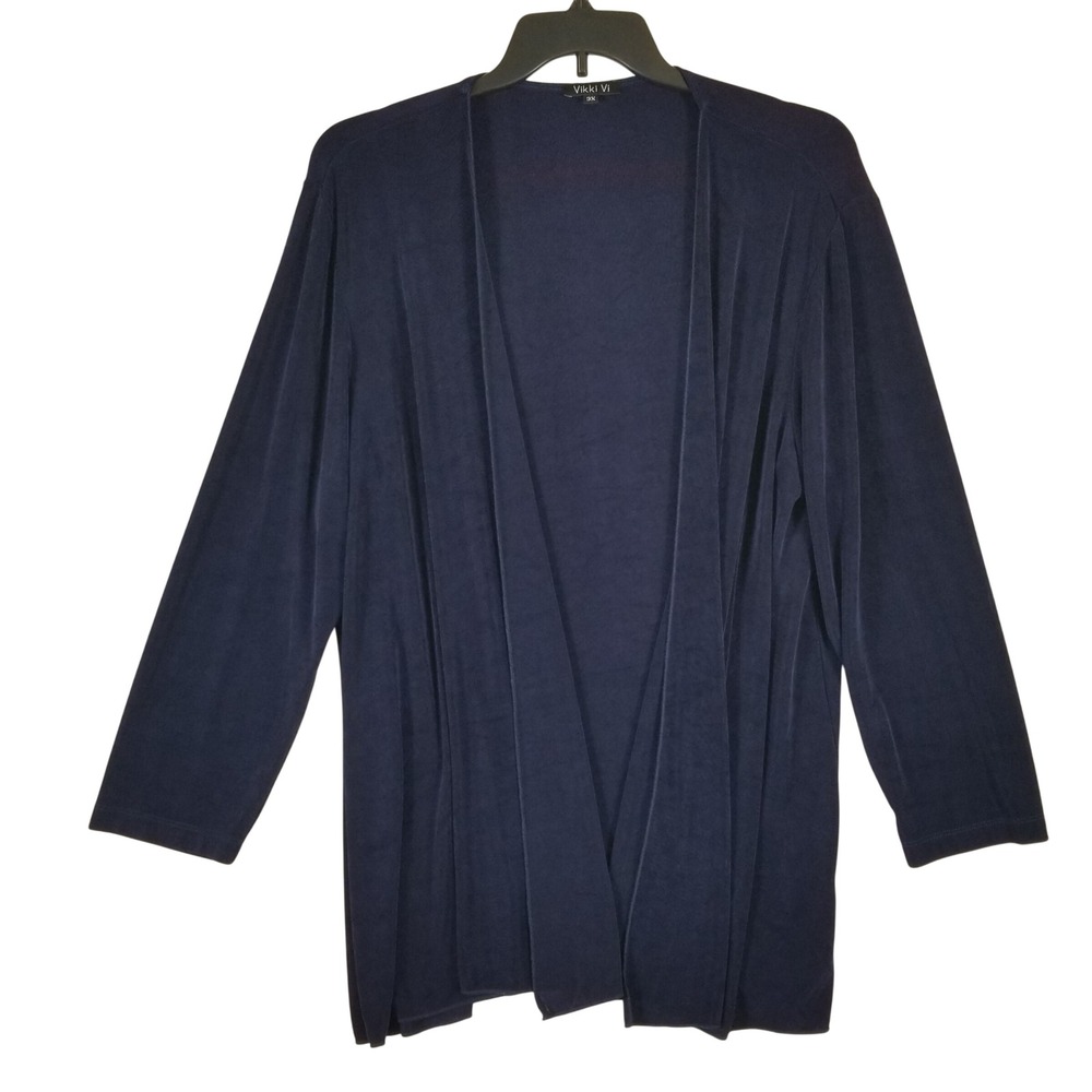 Vikki Vi Cardigan Women 3X Navy Blue Slinky Ribbed Open Front Long Sleeve